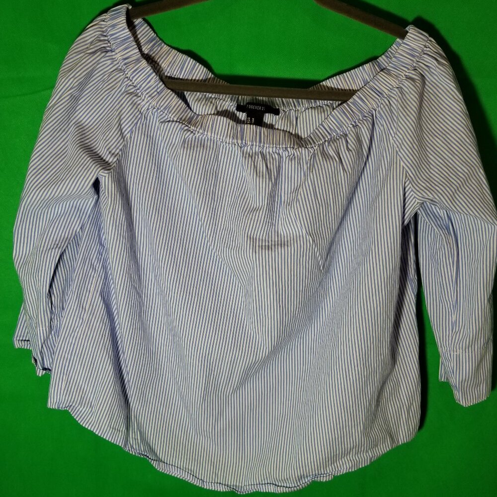 FOREVER 21 Powder Blue White Stripe Off Shoulder Top Women Medium Peasant Boho‎